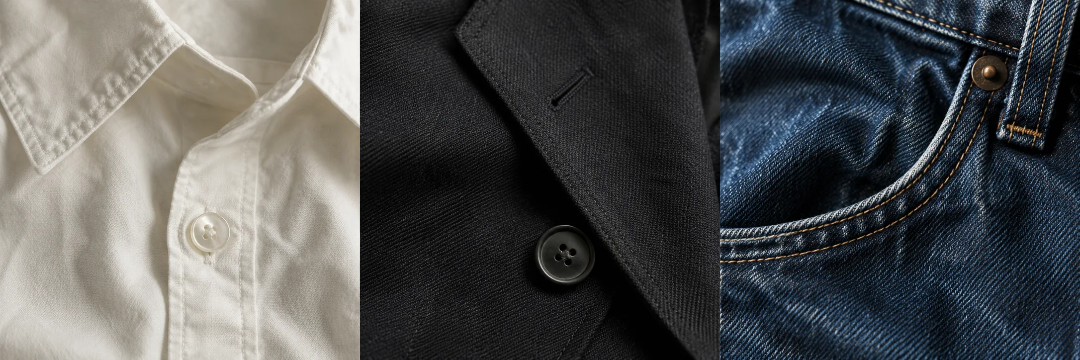 The familiar textures of a cotton shirt, a wool blazer and blue denim.