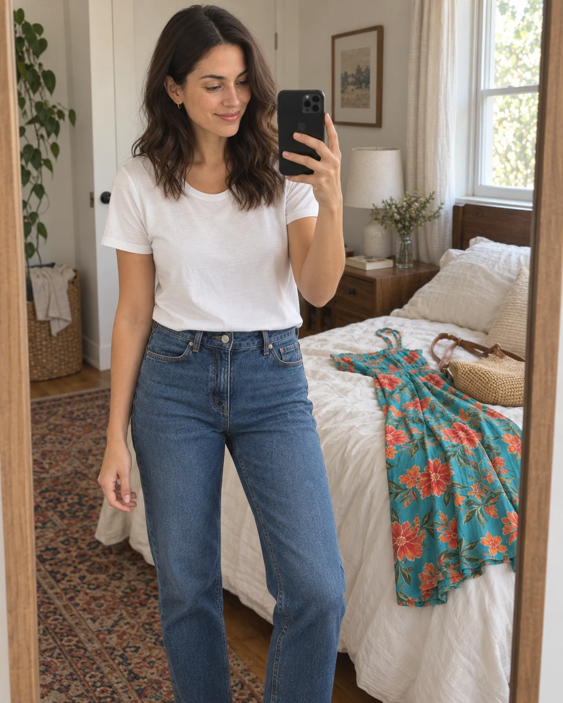 The same woman takes a relaxed mirror selfie at home, with her summer clothes still on the bed behind her.