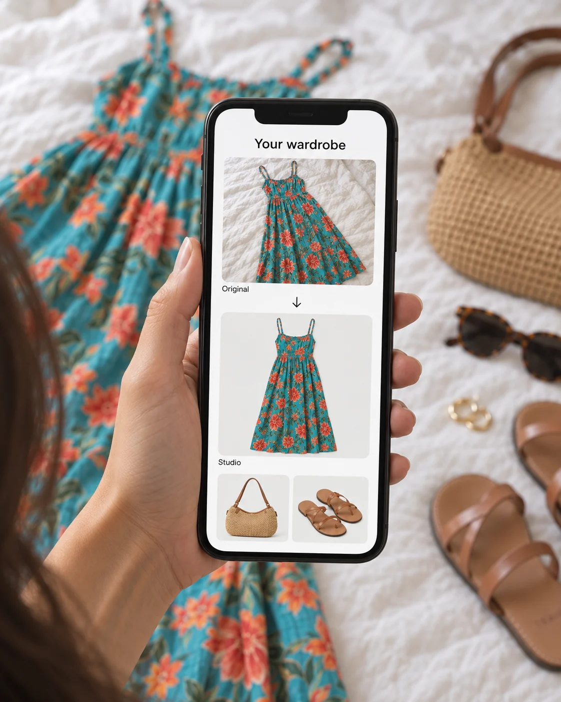 Close-up of a phone in her hand, showing an everyday photo of the floral dress becoming a clean studio image.