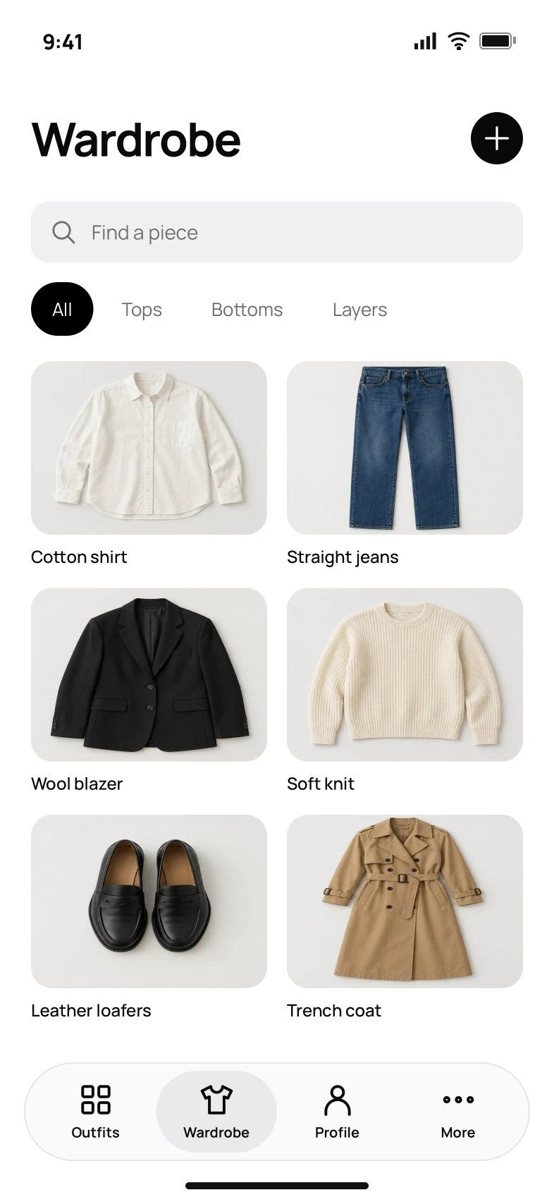 Wardrobe: a searchable collection of shirts, jeans, knitwear, shoes and layers.