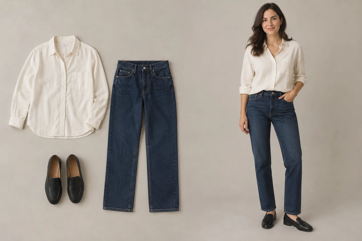 An ivory shirt, blue jeans and black loafers, shown as individual pieces and together as an outfit.